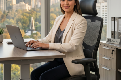 Mujer trabajando cómodamente en una silla ergonómica para home office de Equipamiento en Muebles con vista a la CDMX.