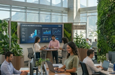 Vista vertical de una oficina moderna de alto nivel en Monterrey con un gran jardín vertical en la pared y techos verdes. En primer plano, una mujer trabaja en un escritorio de pie, rodeada de colegas, estaciones de trabajo de madera clara y una pantalla interactiva con datos de crecimiento regional, con las montañas de fondo a través de grandes ventanales.
