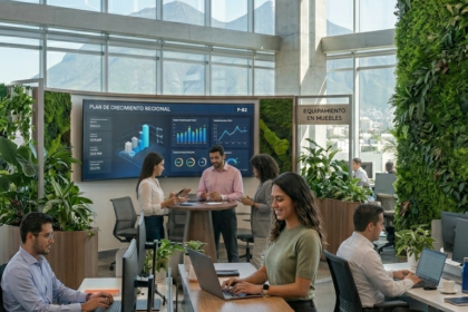 Vista vertical de una oficina moderna de alto nivel en Monterrey con un gran jardín vertical en la pared y techos verdes. En primer plano, una mujer trabaja en un escritorio de pie, rodeada de colegas, estaciones de trabajo de madera clara y una pantalla interactiva con datos de crecimiento regional, con las montañas de fondo a través de grandes ventanales.