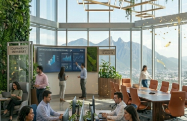 Oficina Híbrida y Flexible Diseñando Espacios para el Futuro en Monterrey Una vista vertical de una oficina moderna y flexible en Monterrey. En primer plano, empleados trabajan en escritorios modulares. Más allá, se aprecian zonas colaborativas con sillones y una sala de juntas con una gran pantalla digital que muestra gráficos de optimización híbrida regional. Grandes ventanales de doble altura enmarcan el Cerro de la Silla al fondo, con iluminación LED arquitectónica y plantas integradas.