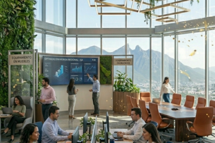 Una vista vertical de una oficina moderna y flexible en Monterrey. En primer plano, empleados trabajan en escritorios modulares. Más allá, se aprecian zonas colaborativas con sillones y una sala de juntas con una gran pantalla digital que muestra gráficos de optimización híbrida regional. Grandes ventanales de doble altura enmarcan el Cerro de la Silla al fondo, con iluminación LED arquitectónica y plantas integradas.
