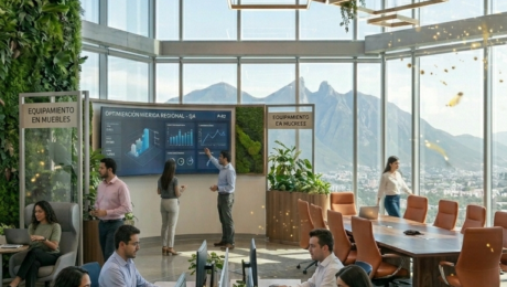 Una vista vertical de una oficina moderna y flexible en Monterrey. En primer plano, empleados trabajan en escritorios modulares. Más allá, se aprecian zonas colaborativas con sillones y una sala de juntas con una gran pantalla digital que muestra gráficos de optimización híbrida regional. Grandes ventanales de doble altura enmarcan el Cerro de la Silla al fondo, con iluminación LED arquitectónica y plantas integradas.