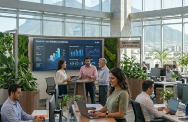 Una vista vertical de una oficina corporativa moderna en Monterrey con techos verdes y grandes ventanales que muestran las montañas. En primer plano, una mujer trabaja en un escritorio de pie, rodeada por otros colegas trabajando y un grupo colaborando frente a una pantalla grande.