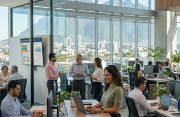 Una vista vertical de una oficina moderna de concepto abierto en Monterrey, con grandes ventanales que muestran la ciudad y el Cerro de la Silla al fondo. Una mujer joven en primer plano trabaja en un escritorio de pie, rodeada por otros colegas trabajando y colaborando.