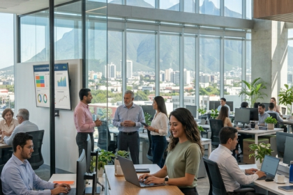 Una vista vertical de una oficina moderna de concepto abierto en Monterrey, con grandes ventanales que muestran la ciudad y el Cerro de la Silla al fondo. Una mujer joven en primer plano trabaja en un escritorio de pie, rodeada por otros colegas trabajando y colaborando.