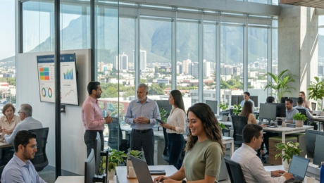 Una vista vertical de una oficina moderna de concepto abierto en Monterrey, con grandes ventanales que muestran la ciudad y el Cerro de la Silla al fondo. Una mujer joven en primer plano trabaja en un escritorio de pie, rodeada por otros colegas trabajando y colaborando.