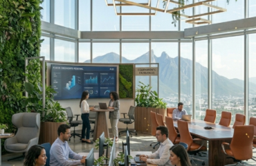 Psicología del Color en la Oficina Diseñando para la Productividad en Monterrey Una vista vertical de una oficina corporativa moderna en Monterrey con zonas de color distintas. En primer plano, una zona de concentración con sillas ergonómicas azules y escritorios de madera clara. Al fondo, un área lounge con plantas y tonos verdes, y una sala de juntas con una mesa de nogal y sillas de cuero naranja, con vistas al Cerro de la Silla.