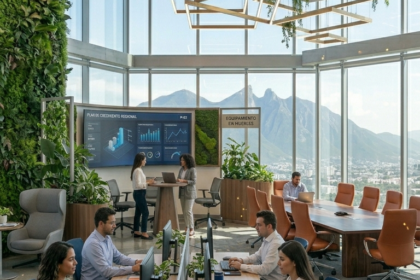 Una vista vertical de una oficina corporativa moderna en Monterrey con zonas de color distintas. En primer plano, una zona de concentración con sillas ergonómicas azules y escritorios de madera clara. Al fondo, un área lounge con plantas y tonos verdes, y una sala de juntas con una mesa de nogal y sillas de cuero naranja, con vistas al Cerro de la Silla.