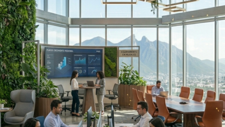 Una vista vertical de una oficina corporativa moderna en Monterrey con zonas de color distintas. En primer plano, una zona de concentración con sillas ergonómicas azules y escritorios de madera clara. Al fondo, un área lounge con plantas y tonos verdes, y una sala de juntas con una mesa de nogal y sillas de cuero naranja, con vistas al Cerro de la Silla.