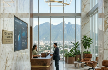Una vista vertical de una recepción de coworking ultra-lujosa en Monterrey. Paredes de mármol de Calacatta cubren el espacio, con un mostrador de madera de nogal y latón. Una espectacular instalación de luces LED suspendidas ilumina el área. A través de grandes ventanales de doble altura, se aprecian los rascacielos y el icónico Cerro de la Silla al fondo. Un área lounge con sillas de cuero premium y plantas exuberantes se encuentra a la derecha.