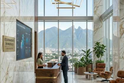 Una vista vertical de una recepción de coworking ultra-lujosa en Monterrey. Paredes de mármol de Calacatta cubren el espacio, con un mostrador de madera de nogal y latón. Una espectacular instalación de luces LED suspendidas ilumina el área. A través de grandes ventanales de doble altura, se aprecian los rascacielos y el icónico Cerro de la Silla al fondo. Un área lounge con sillas de cuero premium y plantas exuberantes se encuentra a la derecha.