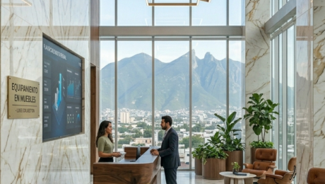 Una vista vertical de una recepción de coworking ultra-lujosa en Monterrey. Paredes de mármol de Calacatta cubren el espacio, con un mostrador de madera de nogal y latón. Una espectacular instalación de luces LED suspendidas ilumina el área. A través de grandes ventanales de doble altura, se aprecian los rascacielos y el icónico Cerro de la Silla al fondo. Un área lounge con sillas de cuero premium y plantas exuberantes se encuentra a la derecha.
